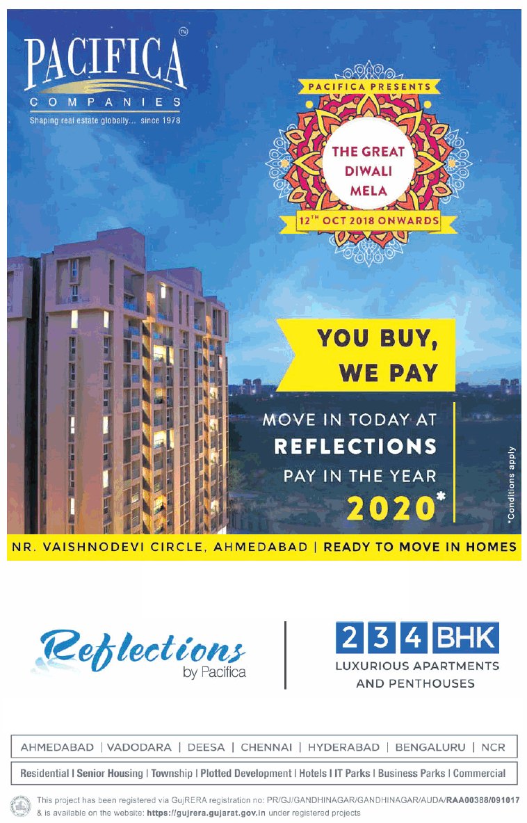 Move in today and pay in the year 2020 at Pacifica Reflections in Ahmedabad